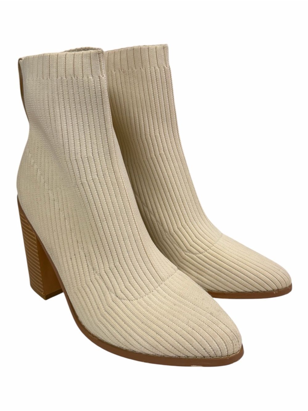ZBY Womens Cream Knit Sock Pull On Ankle Boots Block Heel Sz 7.5